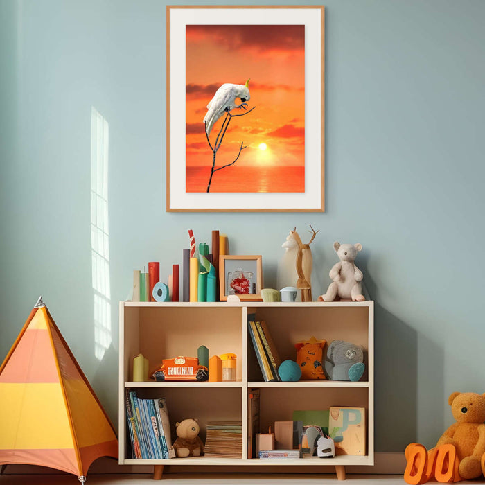 Cockatoo Print with orange sunset in a kids room