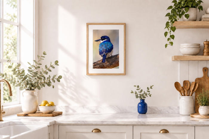 Kingfisher print in a white kitchen with a small blue vase