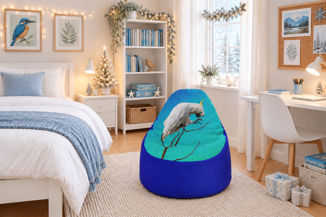 Blue-purple bird beanbag cover in a white Christmas bedroom