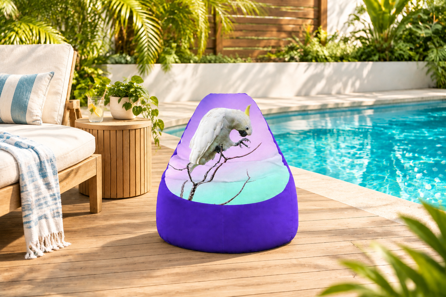 Compact multicolour beanbag cover beside a pool