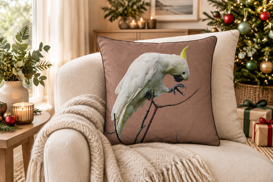 Premium Cockatoo Mocha cushion in a Christmas living room